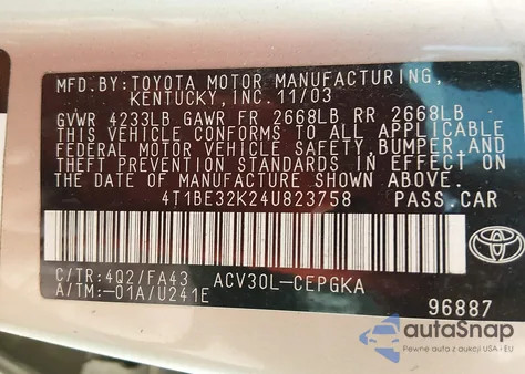 2004 Toyota Camry Xle from USA, damaged, VIN 4T1BE32K24U823758